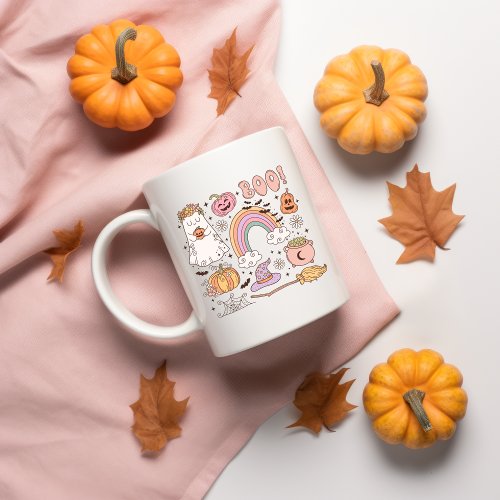 Retro Hippie Halloween Ghost Pumpkins Rainbow  Coffee Mug