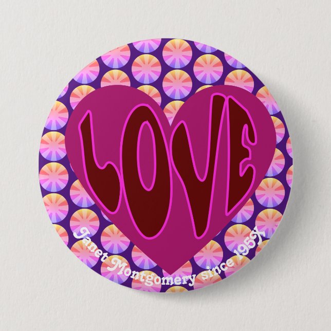Retro Hippie Heart Love Custom Birthday Button (Front)
