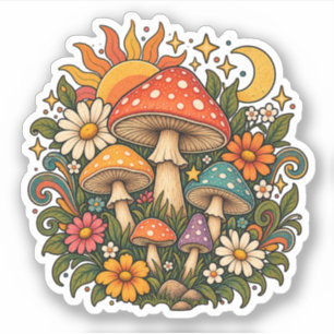 Retro Hippie Mushroom & Wildflower Illustration - Sticker