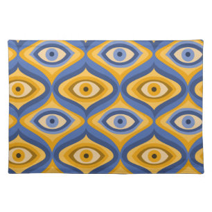 Retro Hippie Pattern - Psychedelic Eye Yellow Blue Cloth Placemat