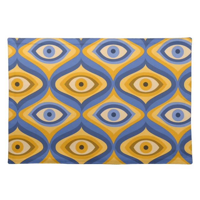 Retro Hippie Pattern - Psychedelic Eye Yellow Blue Cloth Placemat (Front)