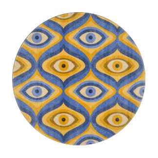 Retro Hippie Pattern - Psychedelic Eye Yellow Blue Cutting Board