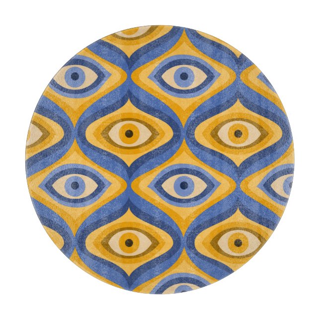 Retro Hippie Pattern - Psychedelic Eye Yellow Blue Cutting Board (Front)
