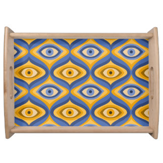 Retro Hippie Pattern - Psychedelic Eye Yellow Blue Serving Tray