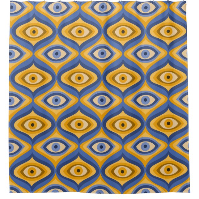 Retro Hippie Pattern - Psychedelic Eye Yellow Blue Shower Curtain (Front)