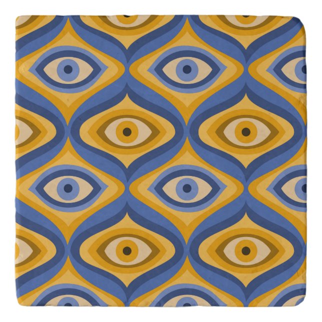 Retro Hippie Pattern - Psychedelic Eye Yellow Blue Trivet (Front)