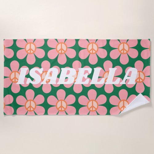 Retro Hippie Peace Flower Green Personalized Name Beach Towel