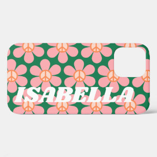 Retro Hippie Peace Flower Green Personalized Name iPhone 12 Case