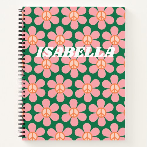Retro Hippie Peace Flower Green Personalized Name Notebook