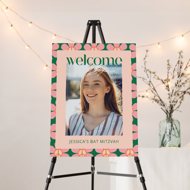Retro Hippie Peace Flower Pink Bat Mitzvah Photo Foam Board (In Situ (Stand))