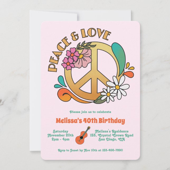 Retro Hippie Peace & Love Floral Birthday Invitation (Front)