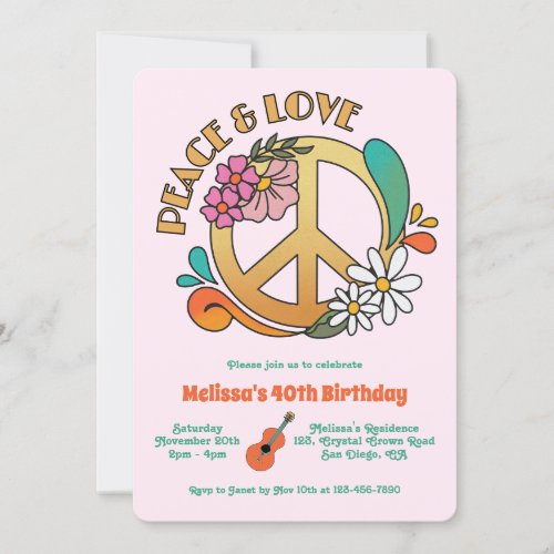 Retro Hippie Peace  Love Floral Birthday Invitation