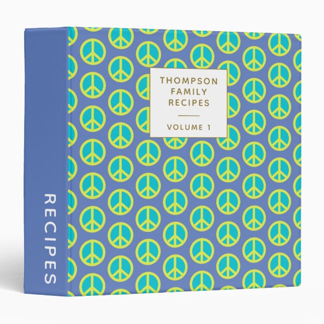 Retro Hippie Peace Sign Blue Personalized Recipe  3 Ring Binder (Front/Spine)