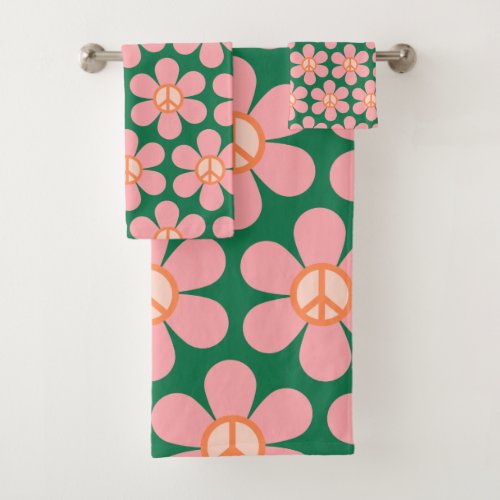 Retro Hippie Peace Sign Flower Green and Pink Bath Towel Set