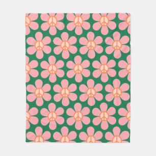 Retro Hippie Peace Sign Flower Green and Pink  Fleece Blanket