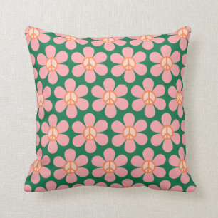 Retro Hippie Peace Sign Flower Green and Pink Throw Pillow