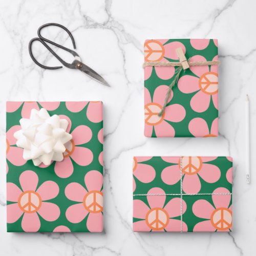Retro Hippie Peace Sign Flower Green and Pink Wrapping Paper Sheets