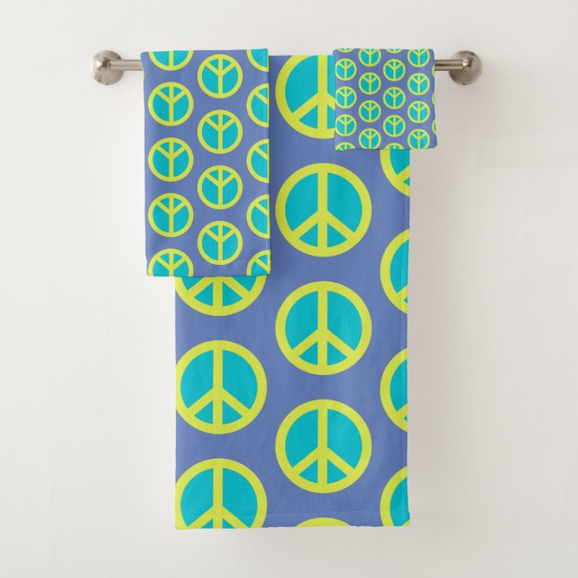 Retro Hippie Peace Sign Pattern in Blue   Bath Towel Set (Insitu)