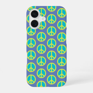 Retro Hippie Peace Sign Pattern in Blue   iPhone 16 Case