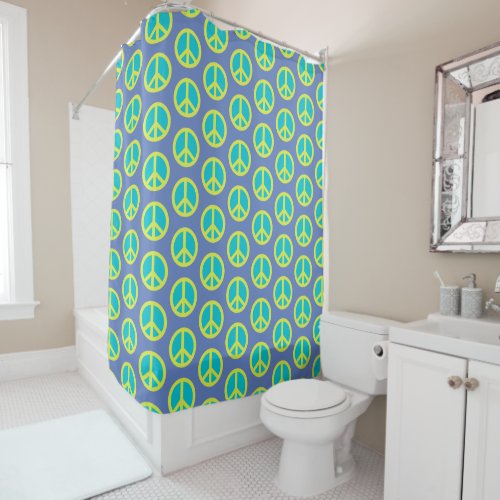Retro Hippie Peace Sign Pattern in Blue   Shower Curtain