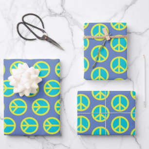 Retro Hippie Peace Sign Pattern in Blue Wrapping Paper Sheets