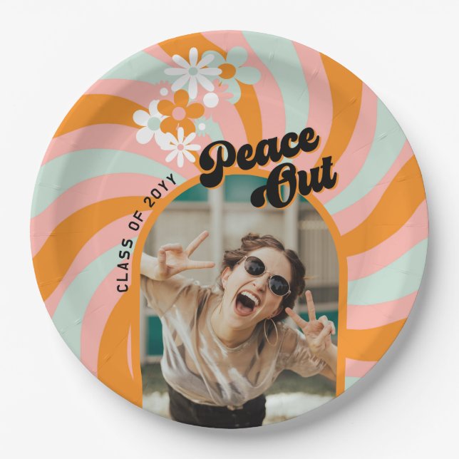 Retro Hippie Photo Graduation Paper Plates (Front)