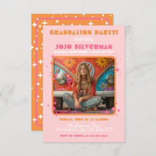 Retro Hippie Photo Graduation Party Pink orange Invitation
