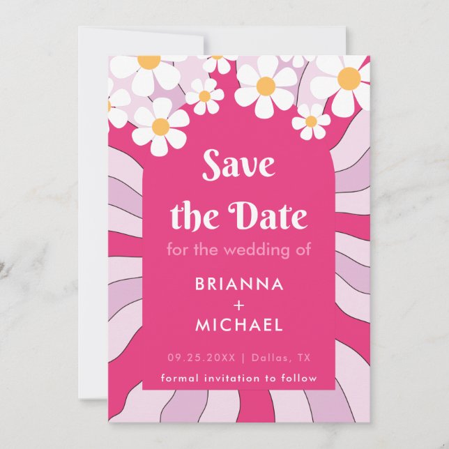 Retro Hippie Pink Arch Daisy Groovy Seventies 70s  Save The Date (Front)