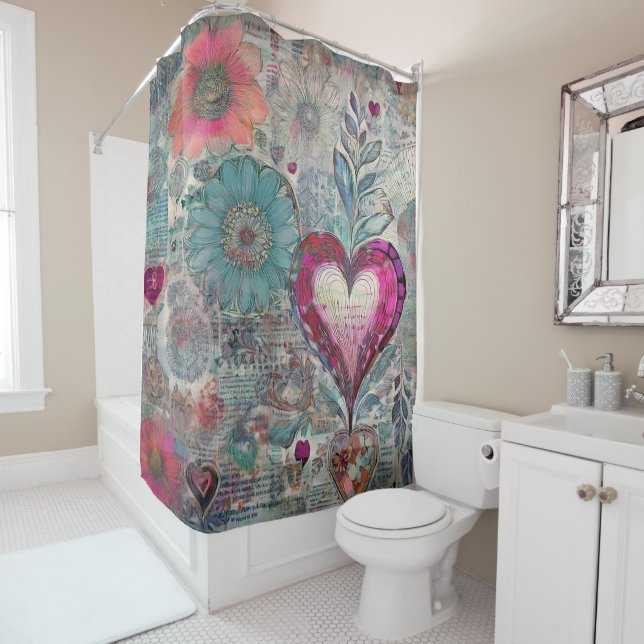 Retro Hippie: Pink Heart Shower Curtain (In Situ)