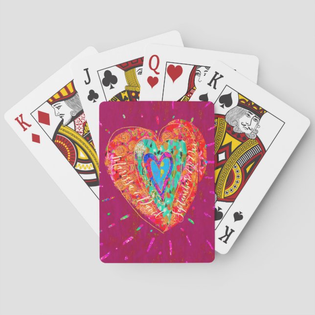 Retro Hippie Pink Turquoise Heart Couple Date Poker Cards (Back)