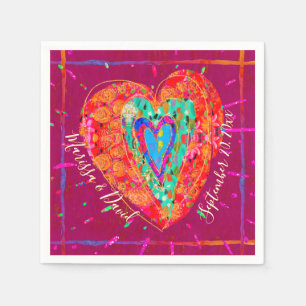 Retro Hippie Pink Turquoise Heart Couple Name Date Napkins