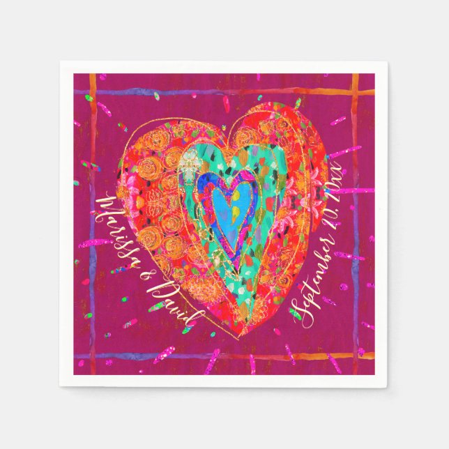 Retro Hippie Pink Turquoise Heart Couple Name Date Napkins (Front)