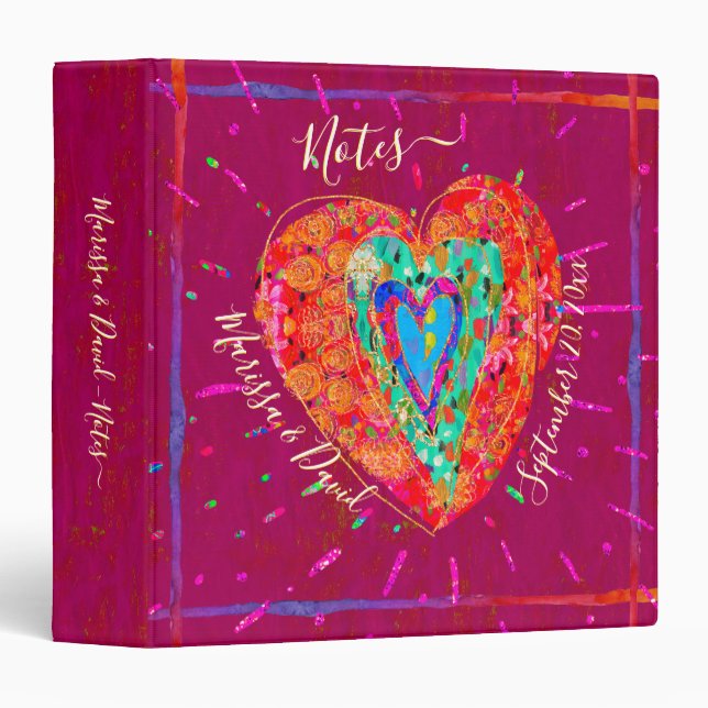 Retro Hippie Pink Turquoise Heart Couple Notes 3 Ring Binder (Front/Spine)