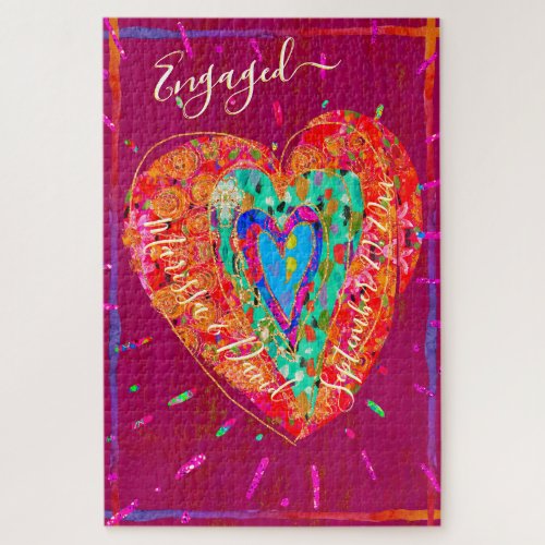 Retro Hippie Pink Turquoise Heart Engaged Jigsaw Puzzle