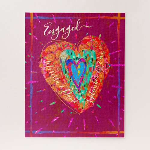 Retro Hippie Pink Turquoise Heart Engaged Jigsaw Puzzle