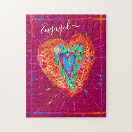 Retro Hippie Pink Turquoise Heart Engaged Jigsaw Puzzle