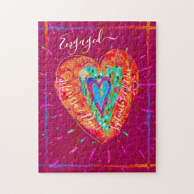 Retro Hippie Pink Turquoise Heart Engaged Jigsaw Puzzle (Vertical)