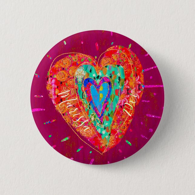 Retro Hippie Pink Turquoise Heart Name Button (Front)