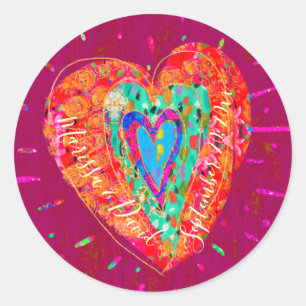 Retro Hippie Pink Turquoise Heart Save the Date Classic Round Sticker