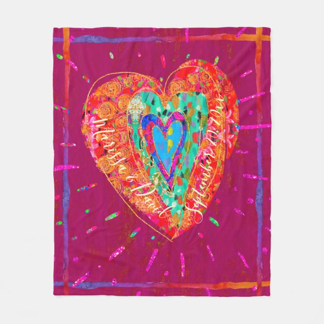 Retro Hippie Pink Turquoise Heart Save the Date Fleece Blanket (Front)