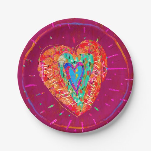 Retro Hippie Pink Turquoise Heart Save the Date Paper Plates
