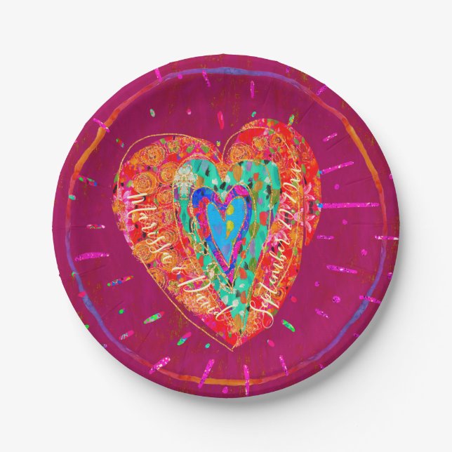 Retro Hippie Pink Turquoise Heart Save the Date Paper Plates (Front)