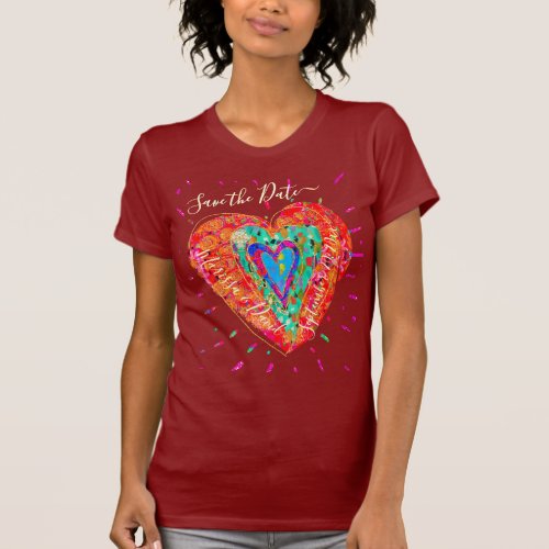 Retro Hippie Pink Turquoise Heart Save the Date T_Shirt