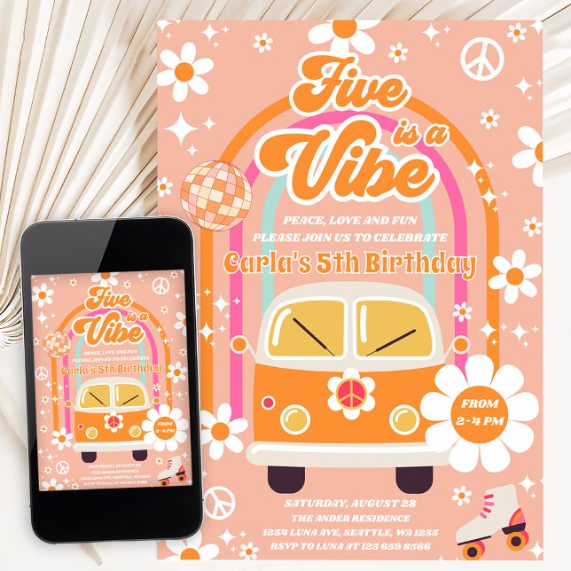 Retro Hippie Rainbow Five is a Vibe 5th Birthday Invitation (Creator Uploaded)