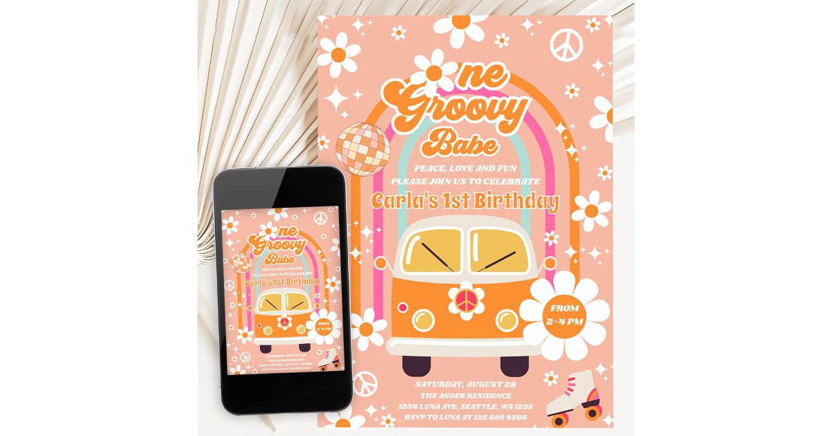 Retro Hippie Rainbow One Groovy Babe 1st Birthday Invitation | Zazzle