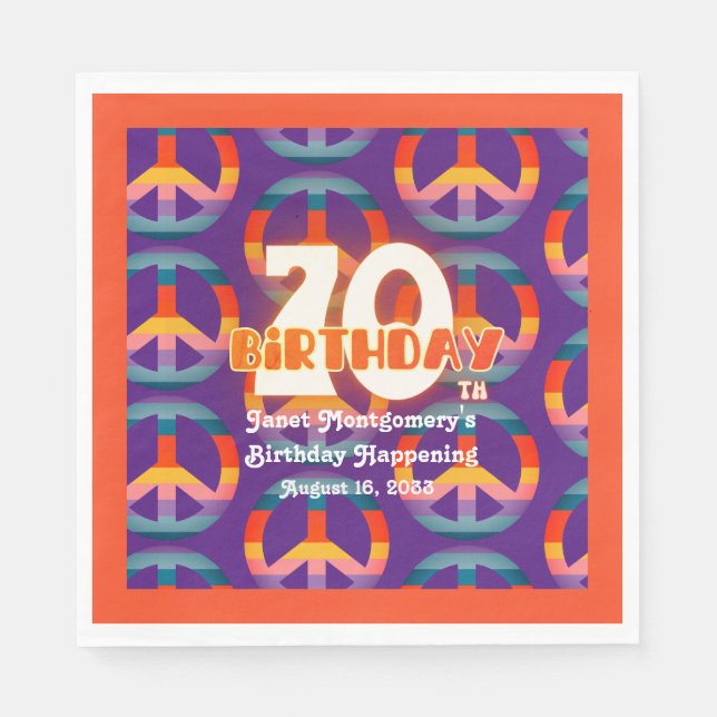 Retro Hippie Rainbow Peace Sign 70th Birthday  Napkins (Front)
