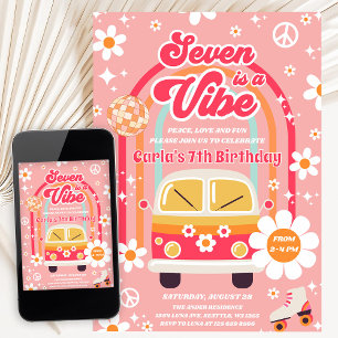 Retro Hippie Rainbow Seven Is A Vibe 7th Birthday Invitation