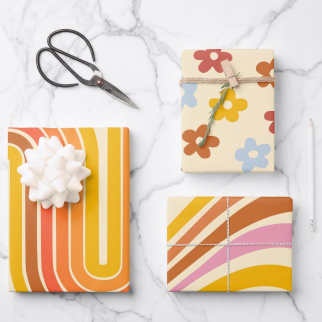Retro Hippie Rainbow Stripes Groovy Floral 70s Fun Wrapping Paper Sheets (Front)