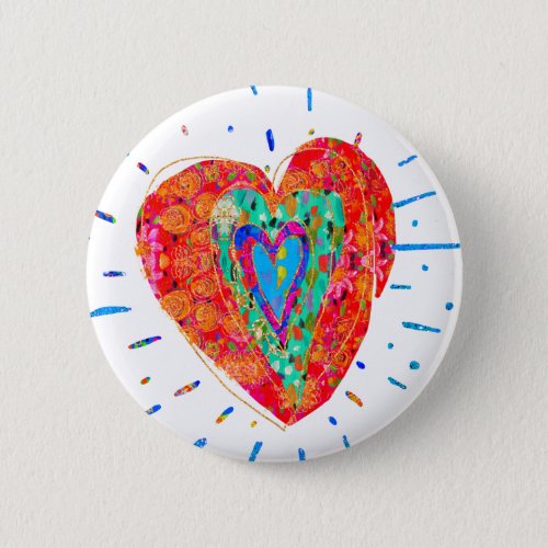 Retro Hippie Red Pink Turquoise Watercolor Heart Button