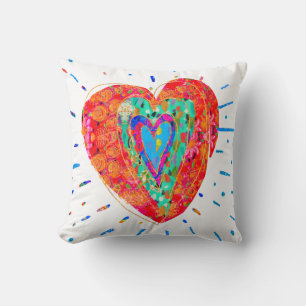 Retro Hippie Red Pink Turquoise Watercolor Heart Throw Pillow